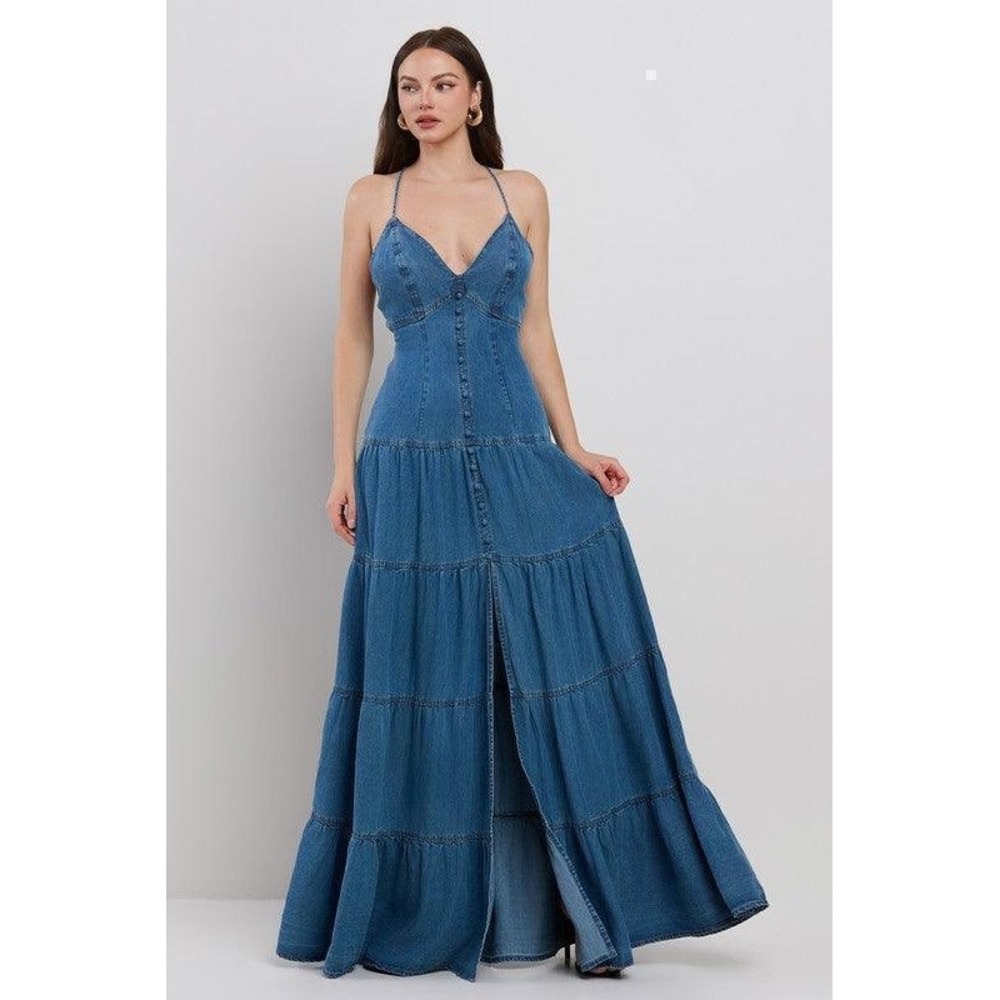 THE SANG Denim O Ring Back Detailed Tiered Maxi Dress Womens S Indigo New W Tags